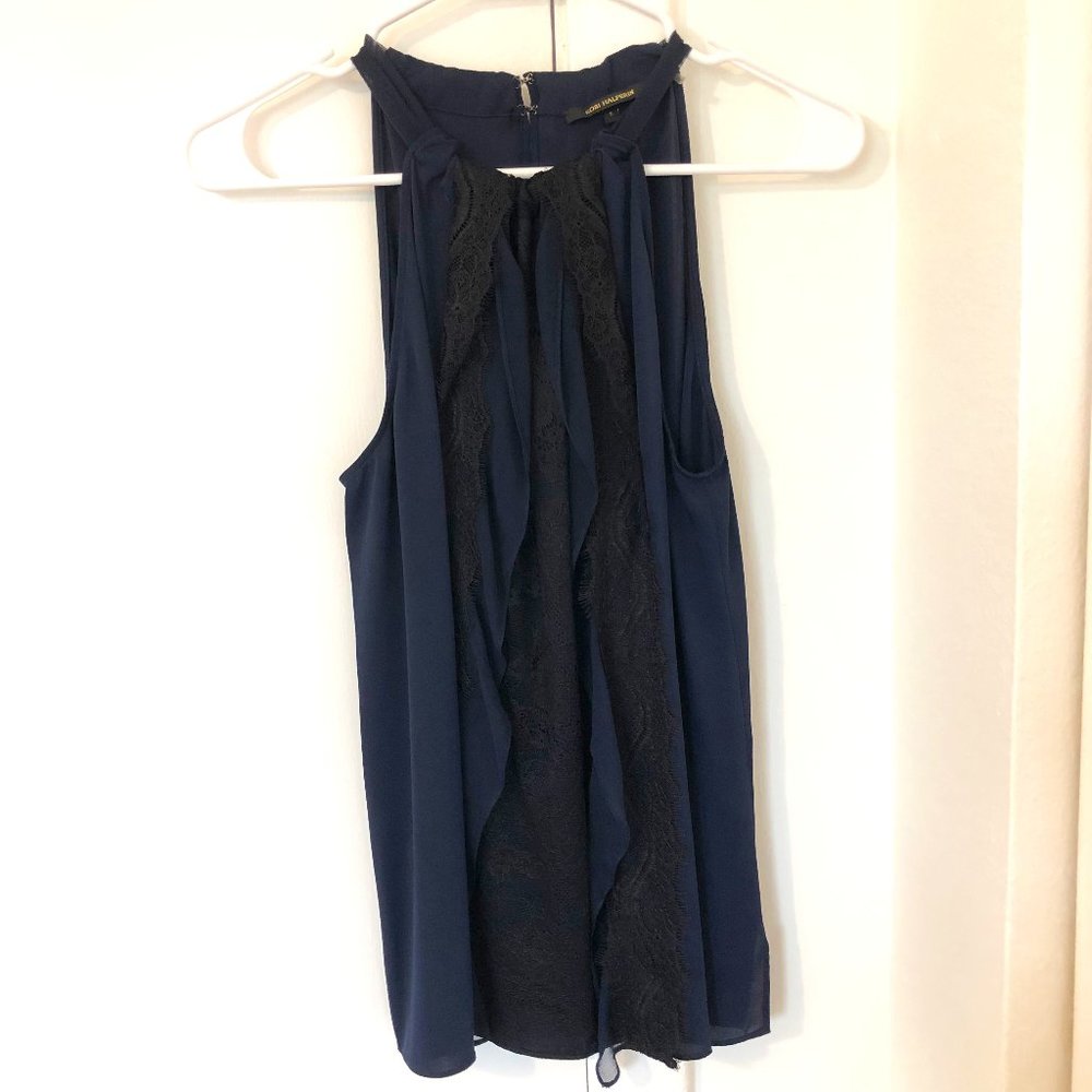 Kobi Halperin Blue Silk/Black Lace Ruffled Halter Neck Blouse  Sz S